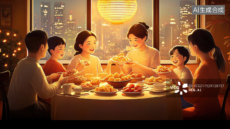【AI数字艺术】温暖温馨取暖，新年年夜饭场景插画图片素材