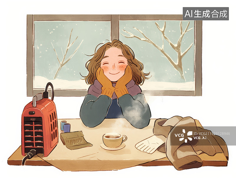 【AI数字艺术】温暖温馨取暖，冬日一个女生戴手套在喝茶图片素材