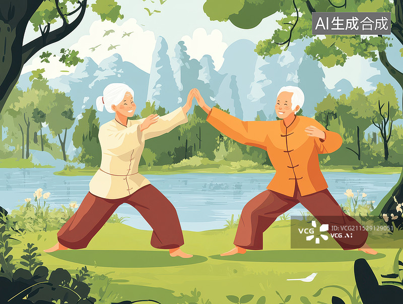 【AI数字艺术】银发经济，老年人在环境优美的公园里练习太极拳图片素材
