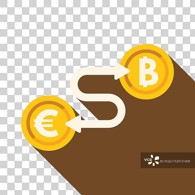 白色箭头将欧元硬币转换为比特币图片素材