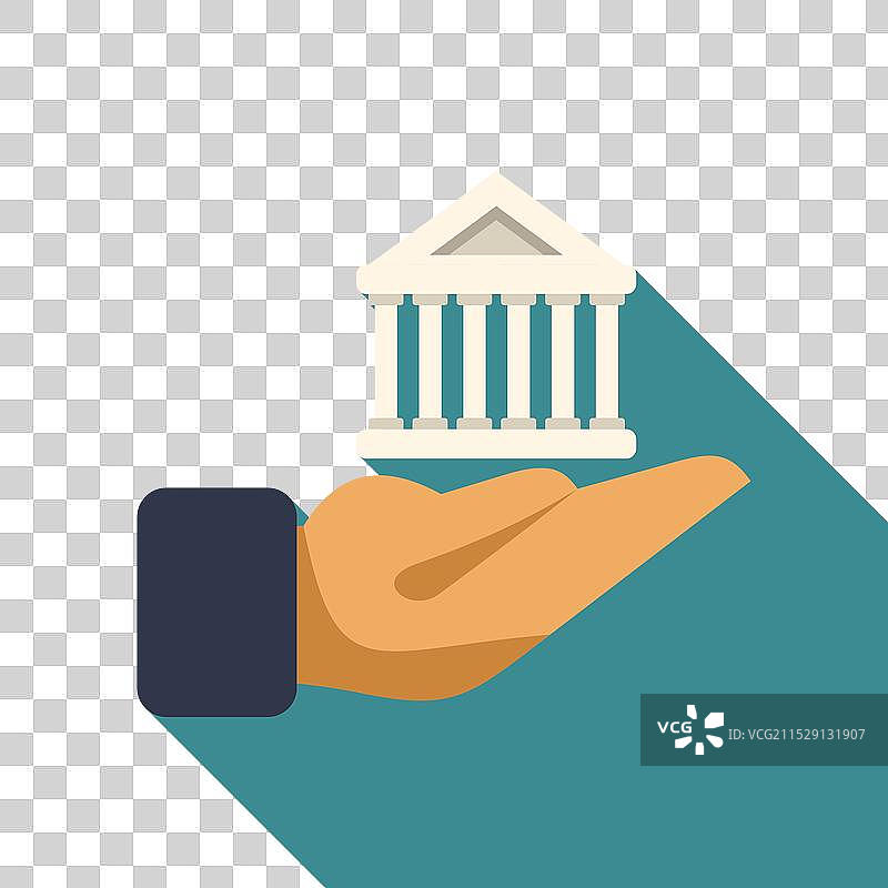 商人手握银行大楼，象征着金融成功图片素材