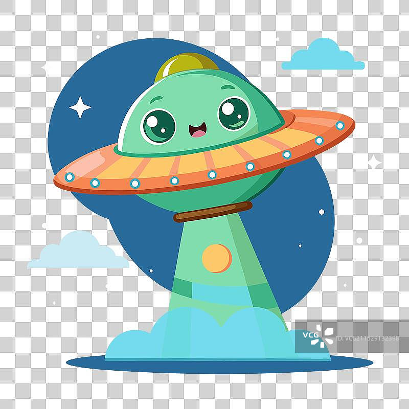 可爱的外星人驾驶飞碟飞行的卡通形象图片素材