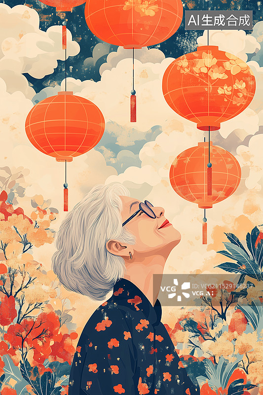 【AI数字艺术】扁平老人与花图片素材