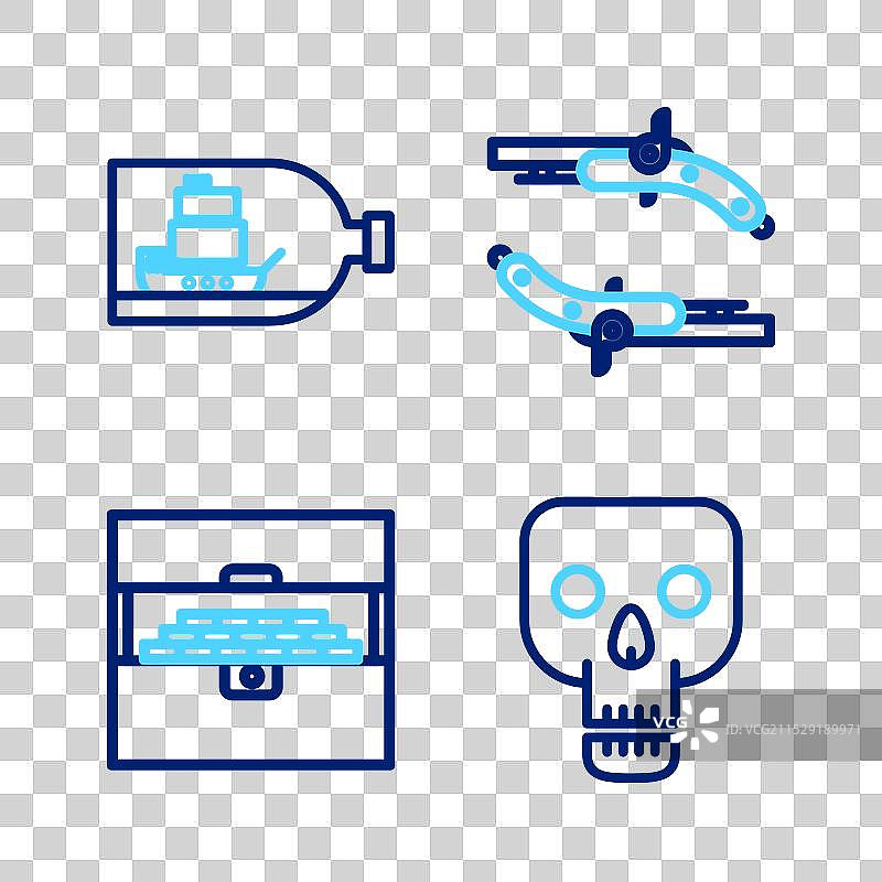 复古的骷髅头与古董宝箱的线条设计图片素材