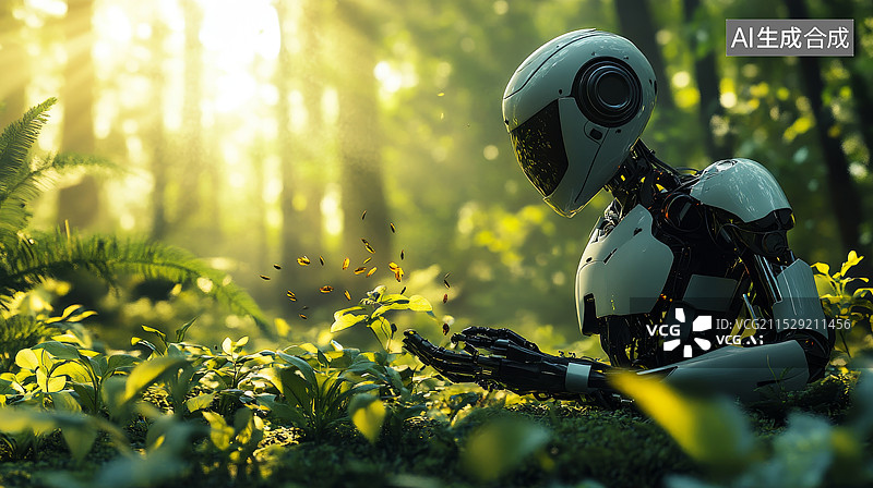 【AI数字艺术】森林里探索的机器人图片素材