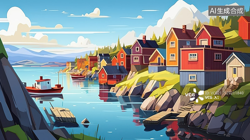 【AI数字艺术】位于雪山下的延河而建的小五彩滨纷的城镇的插画背景图图片素材