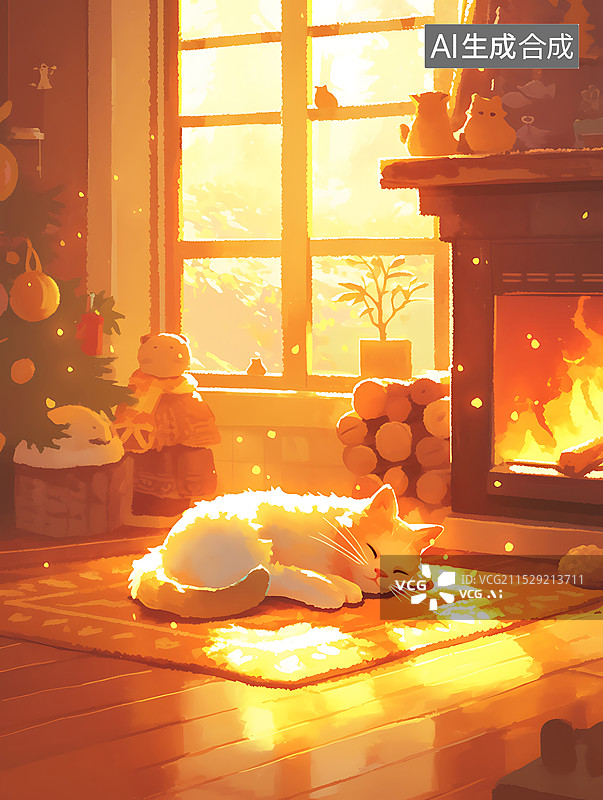 【AI数字艺术】毛毡毛绒风格冬季温暖画面一只猫趴在房间里温暖的壁炉图片素材