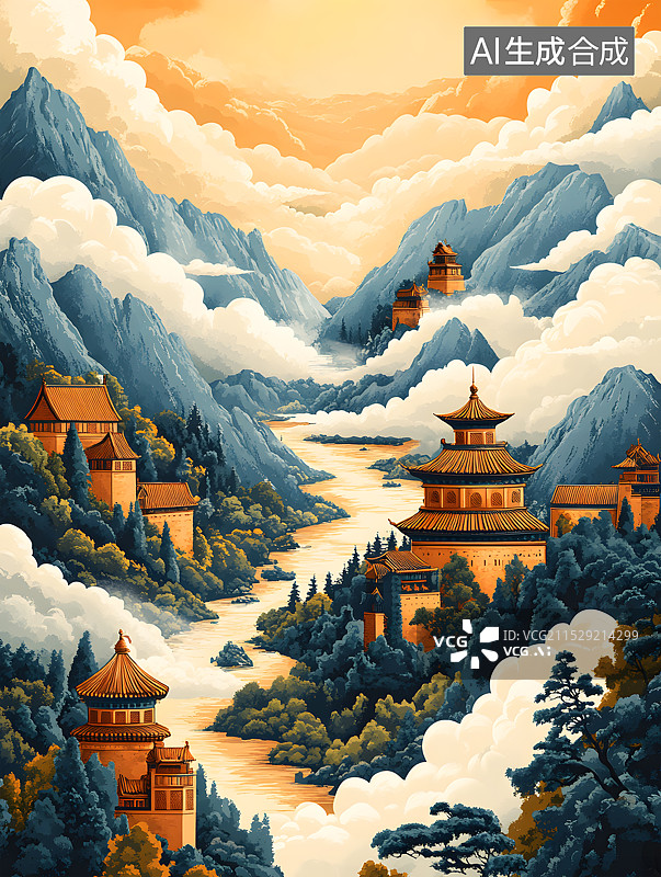 【AI数字艺术】黄河远上白云间，一片孤城万仞山。图片素材