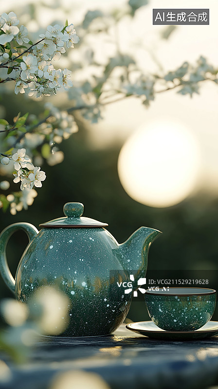 【AI数字艺术】中秋节背景绿色高级茶壶和茶杯在满月亮下周围开满桂花三维渲染梦幻自然传统中国文化元素和茶文化庆祝节日图片素材