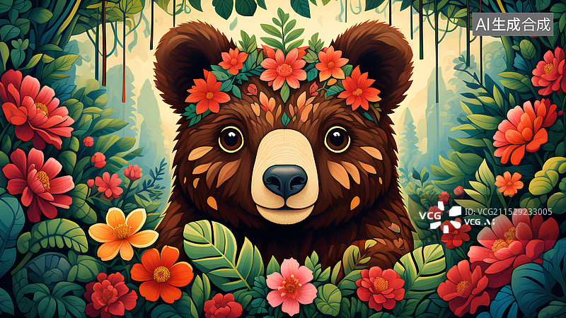 【AI数字艺术】动物插画主题 热带雨林中的熊装饰画图片素材