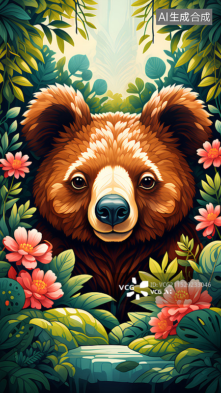 【AI数字艺术】动物插画主题 热带雨林中的熊装饰画图片素材