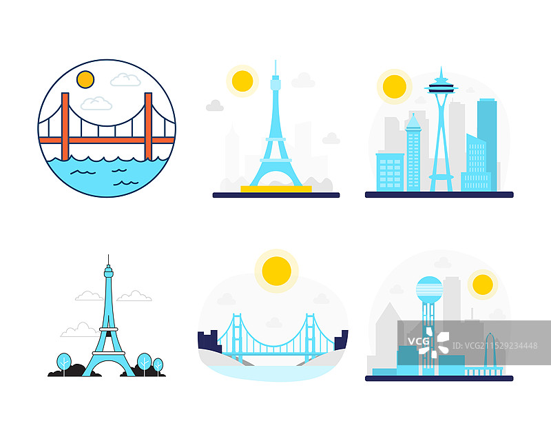 蓝色商务风城市建筑插画埃菲尔铁塔图片素材