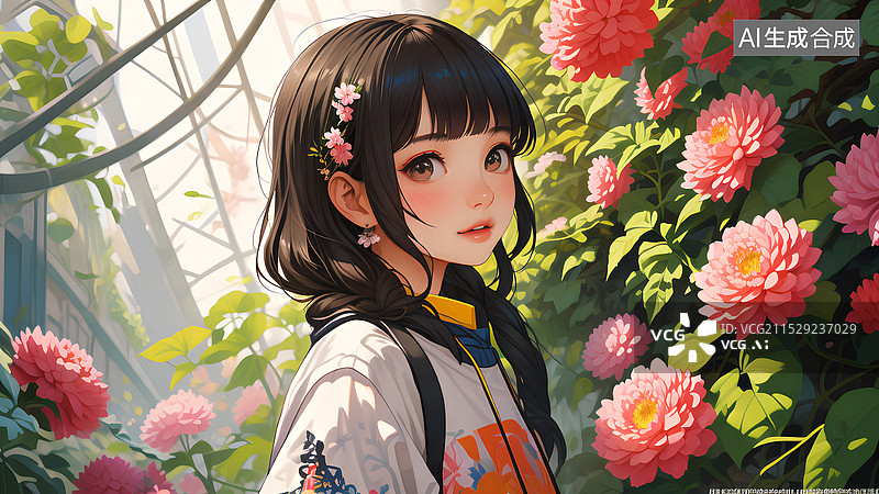 【AI数字艺术】人物主题插画 站在植物旁的女人肖像图片素材