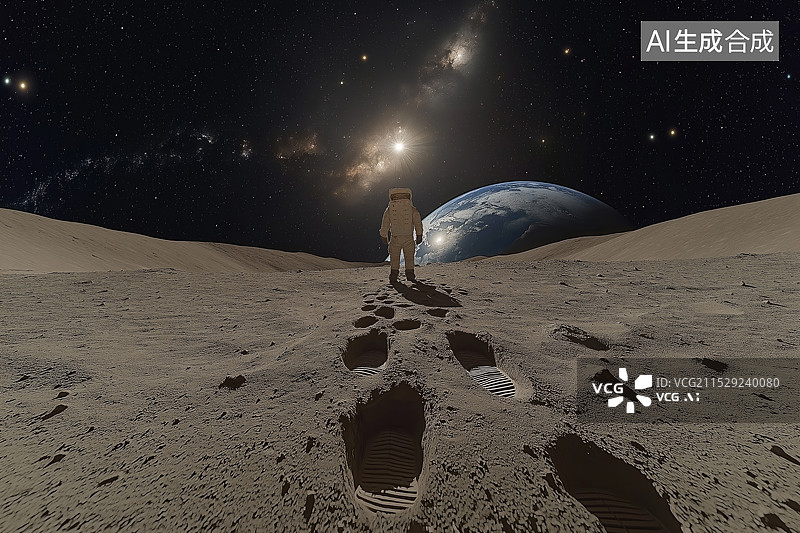 【AI数字艺术】宇航员在月球上行走后留下的脚印图片素材