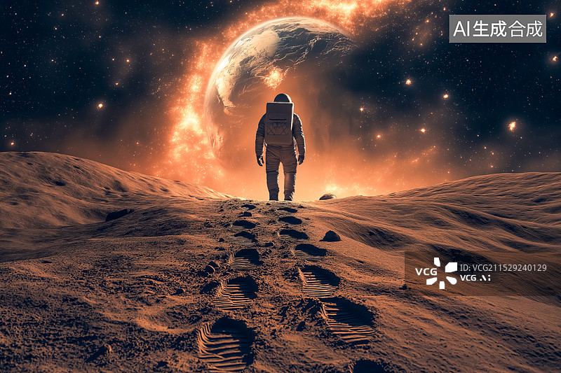 【AI数字艺术】宇航员在月球上行走后留下的脚印图片素材