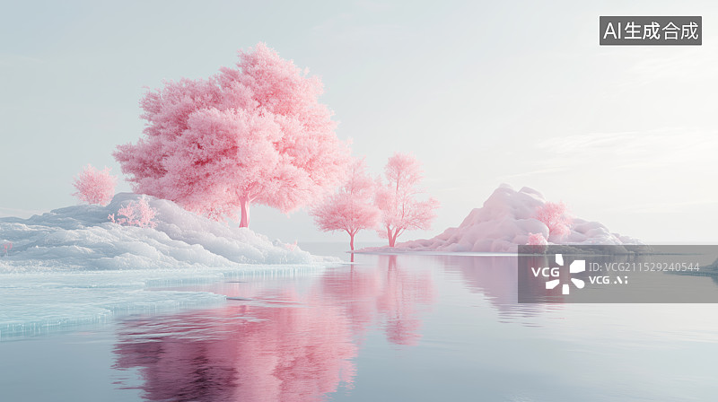 【AI数字艺术】湖上白色冰山粉色树木场景图片素材
