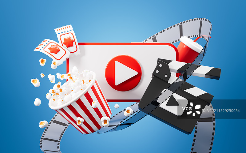 卡通线上观影概念3D渲染图片素材