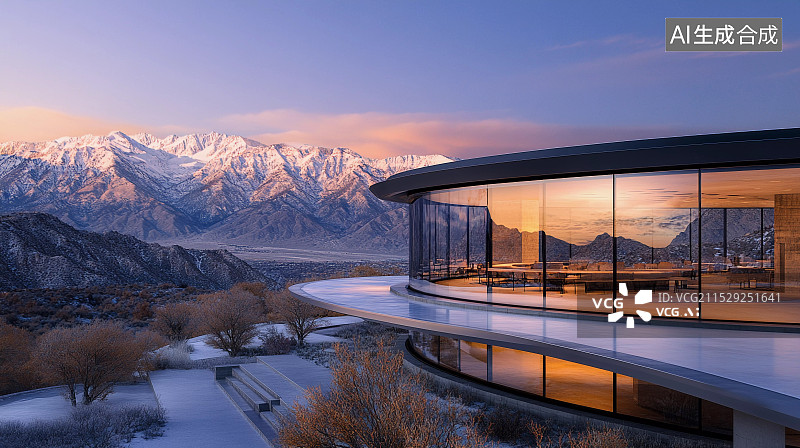 【AI数字艺术】雪山下的圆形玻璃房建筑图片素材