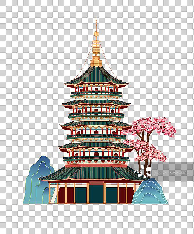 国风地标建筑元素—杭州雷峰塔 青山繁花图片素材