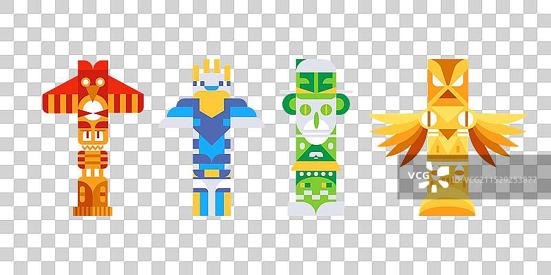 四根色彩斑斓的图腾柱矗立在白色背景上图片素材