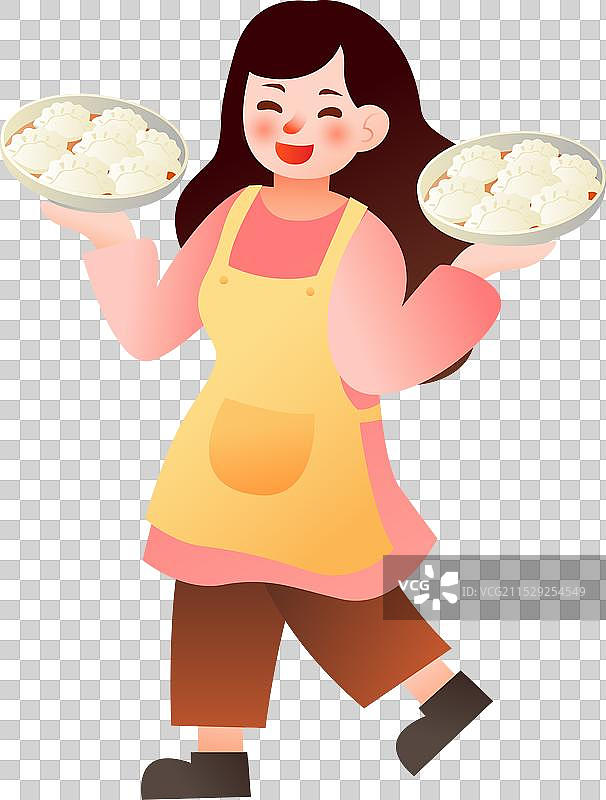 微笑端着饺子带着围兜的女人插画元素图片素材