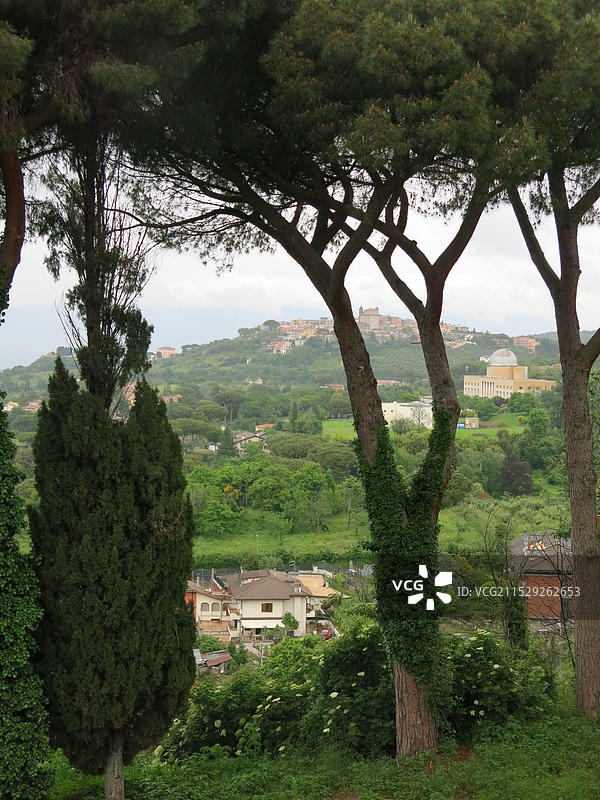 从意大利中部弗拉斯卡蒂附近的蒙德拉戈内别墅花园俯瞰的柏树和周围的风景。图片素材