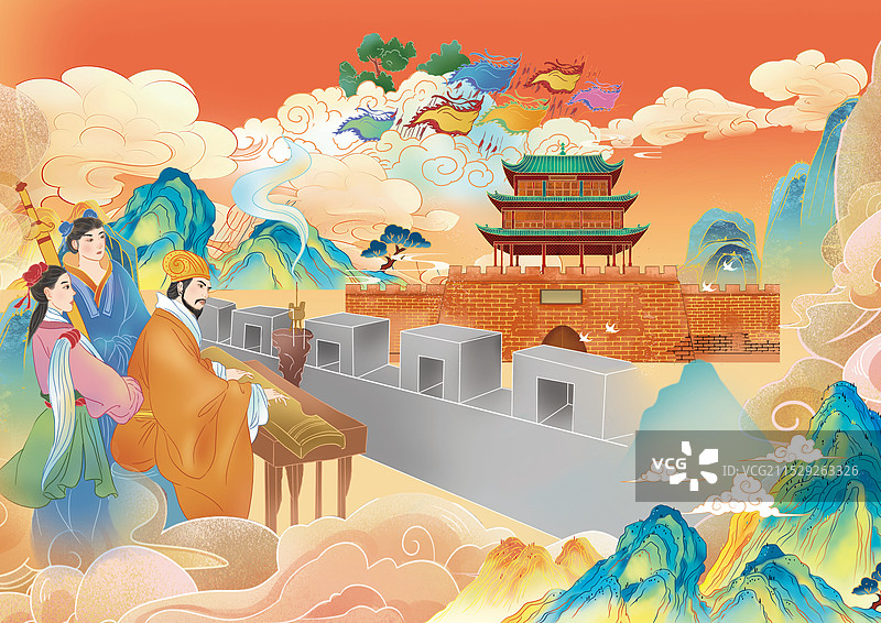 空城计国潮插画绘本图片素材