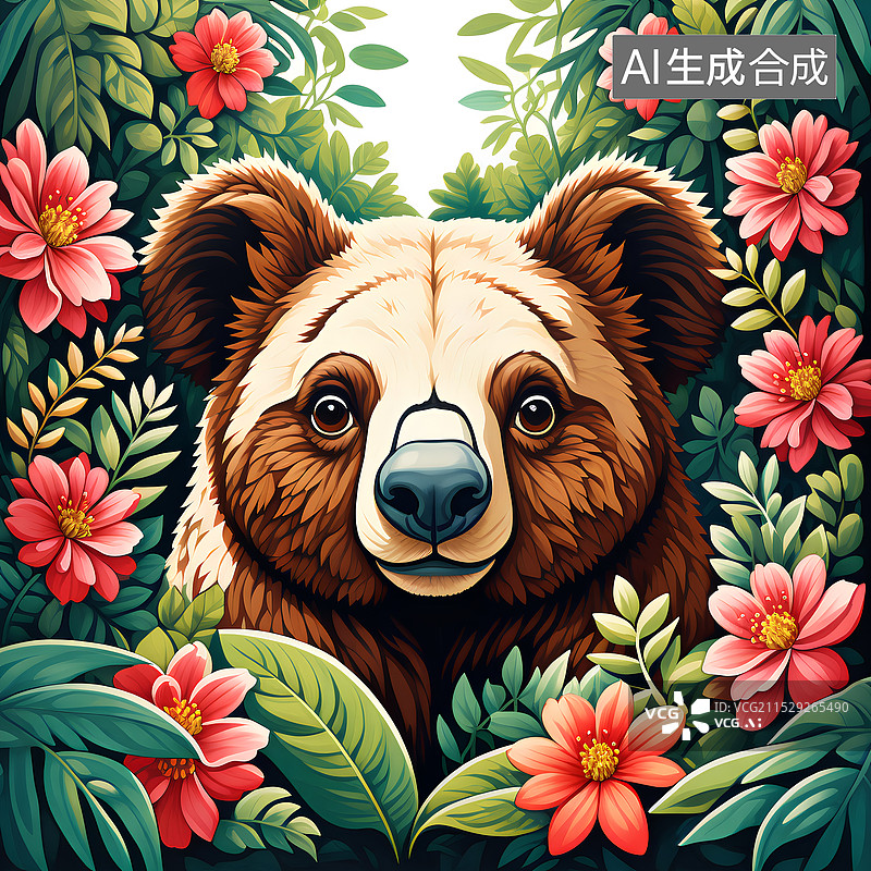 【AI数字艺术】动物主题装饰插画 花丛中的熊图片素材