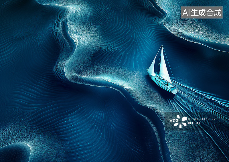 【AI数字艺术】一艘小船在蓝色的水面上前进航行图片素材