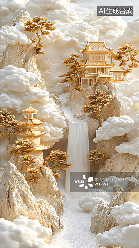 【AI数字艺术】新中式风格山水画高山流水图片素材