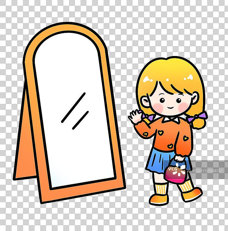 照镜子的卡通人物小女孩插画元素图片素材