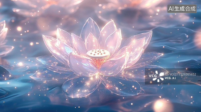 【AI数字艺术】粉色透明水晶质感莲花插画图片素材