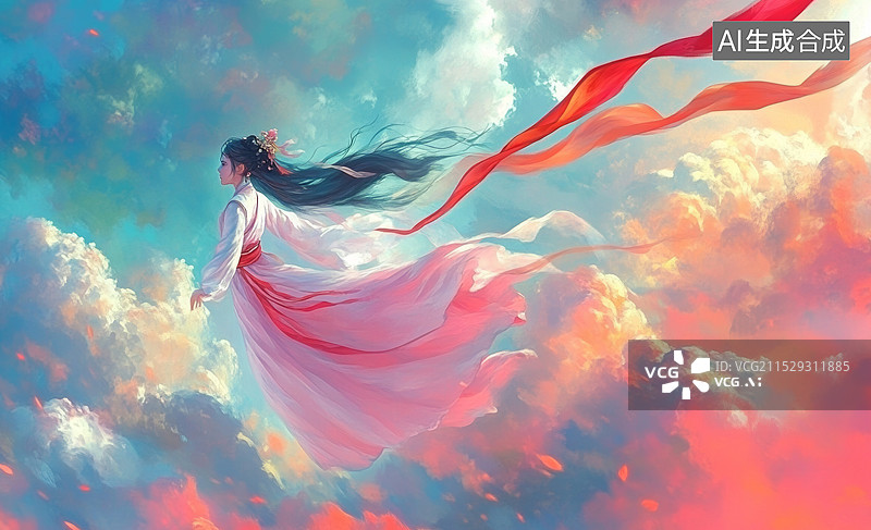 【AI数字艺术】一位身穿白色长裙的女性，她站在云端，背景是绚丽的日落天空。她的头发和衣摆随风飘扬，营造出一种梦幻图片素材