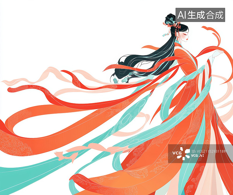 【AI数字艺术】一幅描绘古代女性的插画，她身穿华丽的传统服饰，裙摆随风飘扬。背景简洁，突显了人物和服装的细节。图片素材