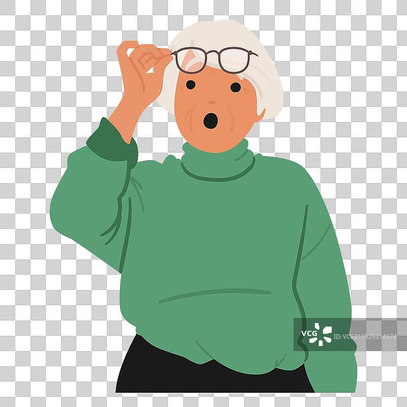 惊讶的老年女性穿着绿色毛衣图片素材