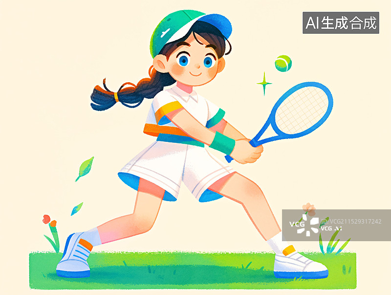 【AI数字艺术】女孩在打网球的插画场景图片素材