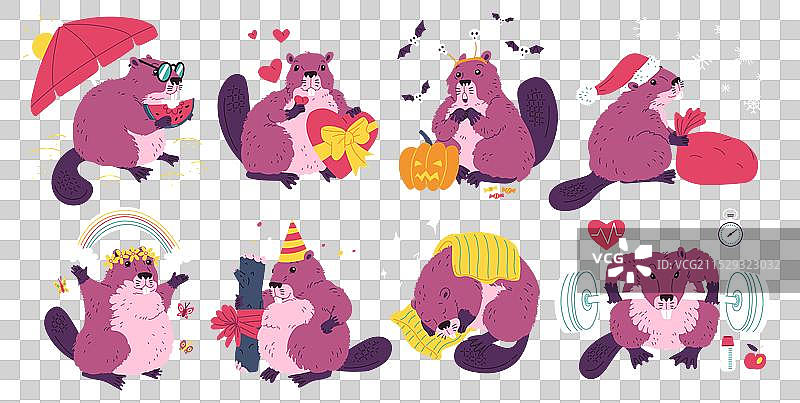 一组可爱多彩的海狸，姿态各异图片素材