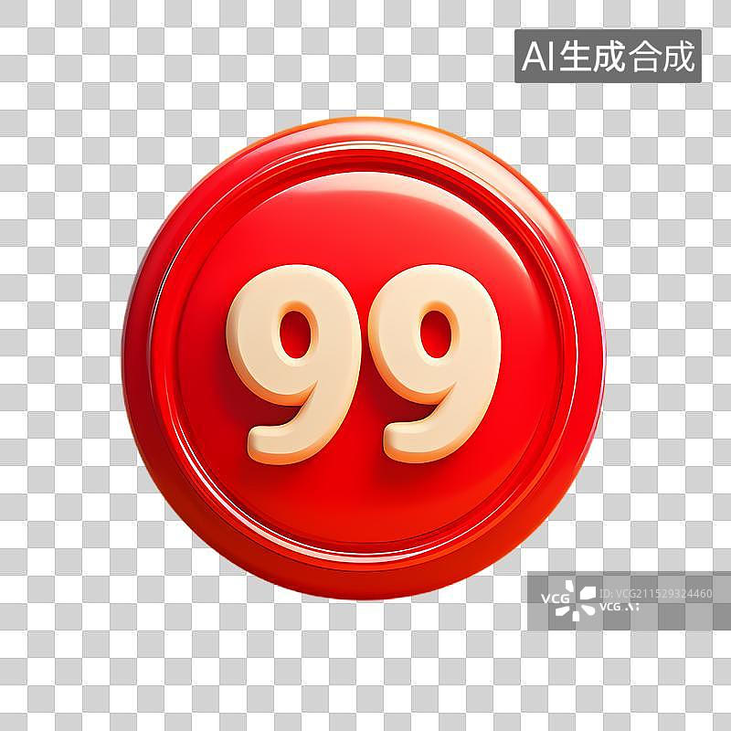 【AI数字艺术】3D渲染标着数字99的红色圆形图标图片素材