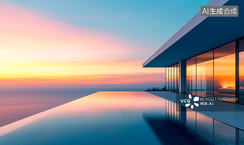 【AI数字艺术】一个现代建筑的露台，前景是一个无边泳池。夕阳西下，天空被染成了绚丽的橙红色和紫色图片素材