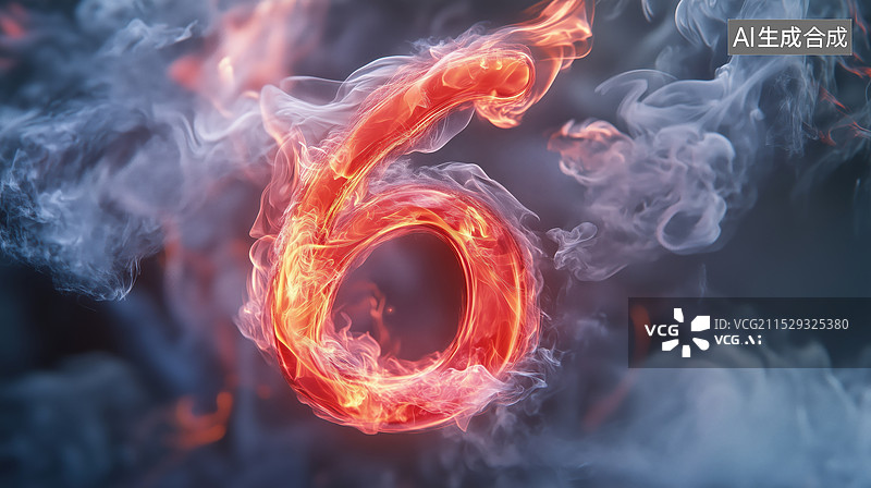 【AI数字艺术】抽象天空中燃烧的数字6简单3D立体插画图片素材