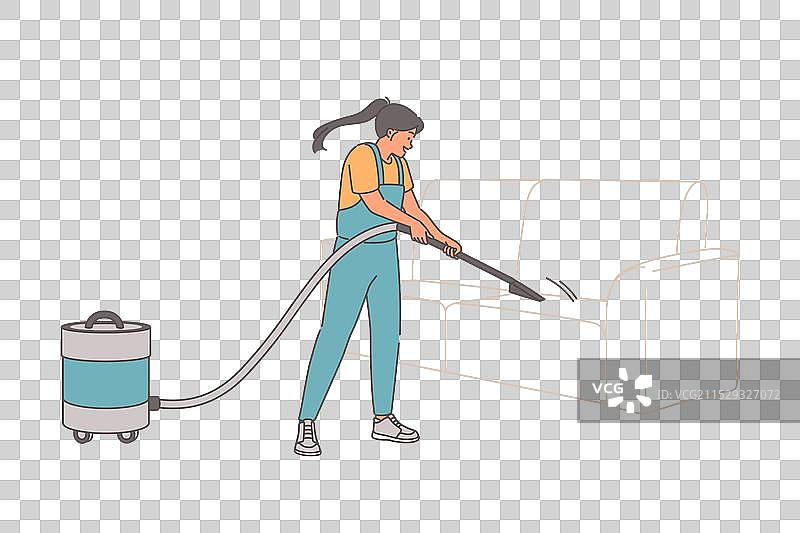 女仆使用吸尘器清洁沙发图片素材