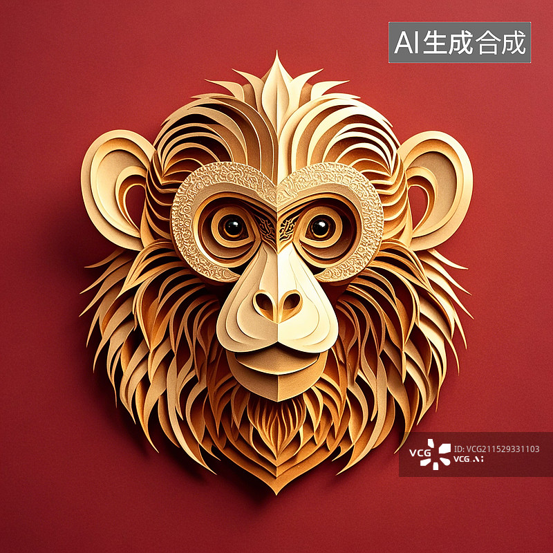 【AI数字艺术】中国传统文化十二生肖金色猴头剪纸折纸艺术图片素材