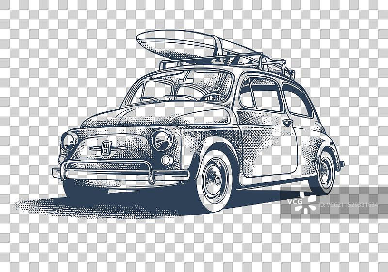 手绘复古汽车，车顶放着冲浪板图片素材