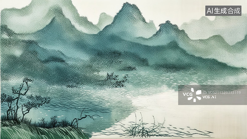 【AI数字艺术】青绿色风格的山水河岸图片素材