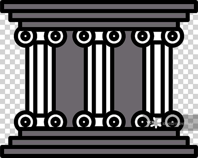 一幅黑白画，描绘了一个有三个柱子的结构图片素材