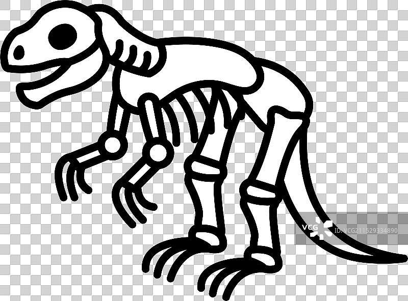 一幅黑白绘制的恐龙骨架图。图片素材