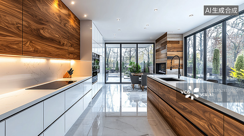 【AI数字艺术】现代居住空间的室内设计，开放式厨房布局和设计图纸图片素材