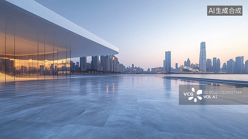 【AI数字艺术】夜晚的城市中心，平台、道路、停车场和砖地，适合汽车广告背景图片素材