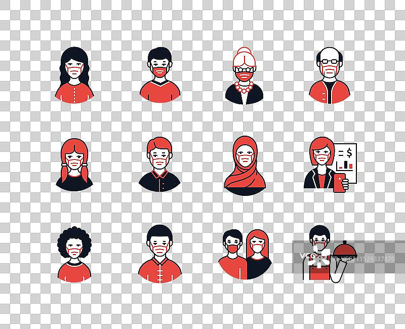 佩戴防护口罩的人们 - 线条设计风格图片素材