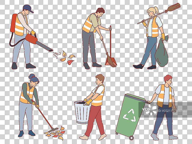 穿着制服的街道清洁工在城市中工作图片素材